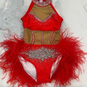 Red Rhinestone Dance Costume with Feather Skirt – Semi Custom, New, $350 Retail